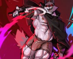 2023 abs anthro arm_wraps barazoku biceps big_bulge big_muscles bulge canid canine canis claws cloak clothed clothing death_(puss_in_boots) detailed_bulge dreamworks dutch_angle fur gesture hi_res holding_object holding_weapon huge_bulge huge_muscles male male_only mammal muscular muscular_anthro muscular_male navel nipples obliques open_mouth open_smile pecs pink_background pointing puss_in_boots:_the_last_wish puss_in_boots_(film) puss_in_boots_(franchise) quads red_eyes shrek_(series) sickle simple_background smile solo standing teeth thick_thighs tongue topless topless_anthro topless_male tuft underwear universal_pictures universal_studios vorusuarts weapon wolf wraps