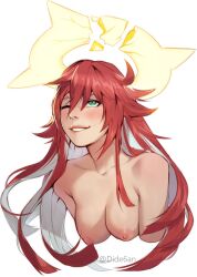 broken_halo bust eerieeyes guilty_gear halo jack-o'_valentine long_hair medium_breasts nude one_eye_closed portrait red_hair smile white_background