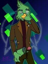 2022 alien anthro arkanumzilong_(artist) artist_signature avian combadge erection feathers gabers_migleemo green_feathers hi_res humanoid humanoid_penis klowahkan_(species) looking_at_viewer male penis_out pubes seductive solo star_trek star_trek_lower_decks starfleet_insignia teasing