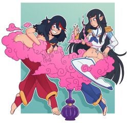 2girls blue_eyes breasts clothing_disintegration clothing_transformation dissolving_clothes feet female female_focus female_only genie_bottle green_background high_heels junketsu kill_la_kill kiryuuin_satsuki light-skinned_female light_skin long_hair matoi_ryuuko medium_breasts messy_hair multicolored_hair multiple_girls nipples no_bra no_panties pink_smoke pointy_ears senketsu sister skirts smooth_skin straight surprised_expression tattered_clothing transformation white_background wrenzephyr2