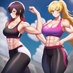 abs ai_generated cleavage female leggings looking_at_viewer muscular muscular_arms muscular_female nai_diffusion ruby_rose rwby stable_diffusion yang_xiao_long
