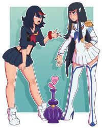 2girls blue_eyes female female_focus female_only genie_bottle genie_lamp green_background high_heel_boots high_heels junketsu kill_la_kill kiryuuin_satsuki long_hair matoi_ryuuko messy_hair multicolored_hair multiple_girls senketsu sister sisters skirts smooth_skin straight white_background wrenzephyr2