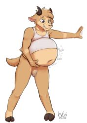 anthro belly big_belly bovid caprine clothing genitals goat grin hi_res holding_belly horn leaning male mammal muscular navel oral_vore penis shirt smile stomach_sounds tank_top topwear vore wonivero