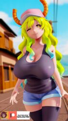 1girls 3d 3d_(artwork) alternate_version_available big_breasts cleavage clothed clothed_female clothing darklinke female female_focus female_only gradient_background highres horn horns hotpants hourglass_figure huge_breasts large_breasts lucoa maid_dragon mikumikudance miss_kobayashi's_dragon_maid mmd multicolored_hair one_eye_closed pants quetzalcoatl_(dragon_maid) shorts smile solo_female tank_top thick_thighs wide_hips