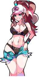 1girls booty_shorts bra brown_hair enpe female game_freak hat hilda_(pokemon) jean_shorts light-skinned_female light_skin long_hair long_ponytail looking_at_viewer nintendo open_shorts panties pokemon pokemon_bw ponytail short_shorts shorts slim_waist smile undressing