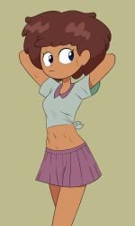 1girls 2022 amphibia anne_boonchuy arms_behind_head belly belly_button breasts disney disney_channel disney_xd female_focus female_only fully_clothed hand_on_head heat lifting_arms looking_at_another mudeliart navel pinup portrait pose posing school_uniform shirt short_hair skirt small_breasts smooth_skin solo solo_female standing sweat sweating tied_shirt