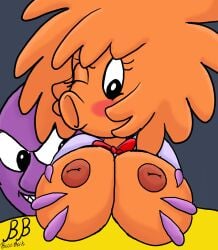 blush_stickers bostboik eyelashes female_focus genderswap_(mtf) grope groping huge_breasts orange_hair orange_skin q-bert rule_63 wink