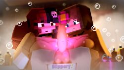 1boy 2girls 3d bath blue_eyes blush breasts brown_hair bubble ellie_walls_(odysseyellie) flower_in_hair genitals glowing horny_female human_female humanoid jenny_belle_(slipperyt) looking_at_penis mine-imator minecraft outside penis slipperyt tagme