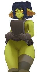 blush breasts clothed clothing clothing_lift female genitals goblin goblin_female hi_res humanoid looking_at_viewer no_underwear pussy shabblin_(tricky576) side_boob simple_background solo tricky576 white_background