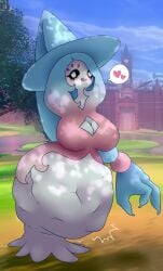 belly boob_window breasts deviantart hatterene hearts hiding_in_dress implied_vore licking_lips one_arm pokemon pokemon_(species) post_vore safe_vore under_dress vore xalloir