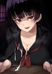 1boy 1girls :d absurdres after_paizuri bangs black_hair black_shirt blunt_bangs breasts breath censored cleavage collarbone commentary_request commission cum cum_on_body cum_on_breasts cum_on_clothes dark-skinned_male dark_skin female heavy_breathing highres indoors interracial kanoe_yuuko large_breasts light-skinned_female light_skin long_hair mosaic_censoring neckerchief nipple_tweak noumu_(pixiv) open_mouth paizuri paizuri_under_clothes penis red_eyes red_neckerchief school_uniform shirt skeb_commission smile straight tasogare_otome_x_amnesia