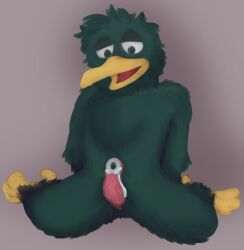 anthro avian bird bird_feet bodily_fluids chimeracocks corvid corvus_(genus) crow cum don't_hug_me_i'm_scared duck_guy_(dhmis) genital_fluids genitals green_body green_feathers green_fur hands_behind_back hi_res male male_focus male_only morgan_(dhmis) oscine passerine penis pinup pose precum solo unusual_anatomy unusual_genitalia unusual_penis