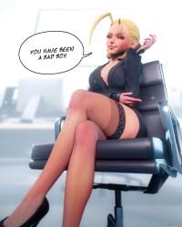 1girls 3d blonde_hair business_suit business_woman cammy_white capcom crossed_legs female female_only mikadawn office office_lady sitting solo solo_female street_fighter