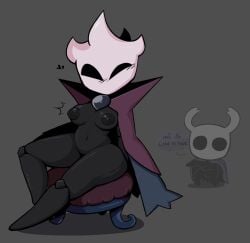 anthro arthropod astranger belly black_body blush breasts chair cloak clothing dialogue emilitia female furniture heart hollow_eyes hollow_knight male navel nipples team_cherry thick_thighs vessel_(species) video_games