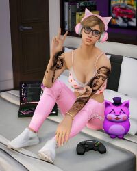 3d animal_ears bare_shoulders brown_hair cat_ear_headphones cleavage collarbone computer fake_animal_ears female female_focus female_only femsub glasses grand_theft_auto grand_theft_auto_online headphones keiran_thompson keiranthompson_(artist) large_breasts leggings parody peace_sign short_hair sitting solo tattoo v video_game_controller wholesome