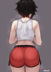 1girls ass back back_view bluefield booty_shorts dolphin_shorts female large_ass light-skinned_female light_skin red_hair ruby_rose rwby short_hair short_shorts shorts sportswear