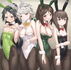 4girls amagi_(kantai_collection) animal_ears asymmetrical_hair black_bow black_bowtie black_hair black_leotard black_pantyhose blue_eyes bow bowtie braid breast_envy breasts brown_eyes brown_hair cleavage cowboy_shot detached_collar flat_chest flat_chested green_leotard highleg highleg_leotard highres kantai_collection katsuragi_(kantai_collection) leotard long_hair medium_breasts multiple_girls pantyhose parted_lips playboy_bunny ponytail rabbit_ears red_bow red_bowtie sagace short_hair_with_long_locks single_braid small_breasts strapless strapless_leotard taihou_(kantai_collection) unryuu_(kantai_collection) very_long_hair white_hair white_leotard wrist_cuffs yellow_bow yellow_bowtie