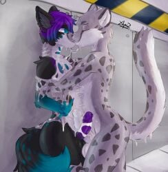 2boys anthro changed_(video_game) domestic_cat duo embrace felid feline felis genitals goo_creature goo_transformation hi_res hug kalebur kissing latex_skin leopard_(changed) male male/male male_only mammal pantherine snow_leopard snow_leopard_(changed) transformation xlyuz yaoi