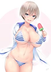 1girls bare_shoulders bikini blue_eyes blush breasts cleavage collarbone food frills grey_hair hair_between_eyes hi_res holding holding_food huge_breasts ice_cream jacket kuavera looking_at_viewer navel oerba_yun_fang open_mouth short_hair skin_fang smile smirk solo string_bikini striped striped_bikini swimsuit uzaki-chan_wa_asobitai! uzaki_hana