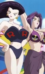 2girls 90s accurate_art_style alternate_hair_color ass big_breasts bikini black_bikini black_hair blue_sky breasts clouds cloudy_sky ear_piercing earrings edited female female_only game_freak genderswap_(mtf) goth hands_on_hips hands_on_own_hips hourglass_figure huge_breasts james_(pokemon) jamie_(pokemon) jessie_(pokemon) multiple_girls navel one_arm_behind_head pokéball pokemon pokemon_(anime) purple_bikini purple_hair purple_lipstick rokasta1_(artist) rule_63 screencap screenshot screenshot_edit seductive seductive_eyes seductive_mouth seductive_pose shiny shiny_eyes shiny_hair sky swimsuit team_rocket third-party_edit white_clouds