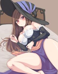 1girls bare_shoulders bed breasts brown_hair cleavage detached_sleeves dragon's_crown dress hat indoors kook large_breasts light-skinned_female light_skin long_hair looking_at_viewer red_eyes smile solo sorceress_(dragon's_crown) strapless strapless_dress thighs witch_hat