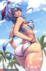 annoyed annoyed_expression ass ass_focus back_view beach blue_hair blush cowboy_shot ganyu_(genshin_impact) genshin_impact horns huff kagato007 purple_eyes sports_bra sportswear thick_ass thick_thighs thighs tight_clothing tight_fit uniform water wide_hips wide_thighs