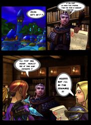 1boy 2girls blizzard_entertainment blonde_hair comic dialogue freckles human human_(world_of_warcraft) iselda_(world_of_warcraft) jaina_proudmoore khadgar light-skinned_female light_skin mage_(warcraft) original_character shina warcraft world_of_warcraft