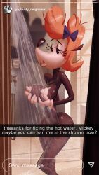 ass authorialnoice black_fur disney english_text eyelashes female furry gloves large_breasts mickey_mouse_shorts nipples orange_hair shower showering solo topsy_(mickey_mouse_shorts) water wet white_gloves