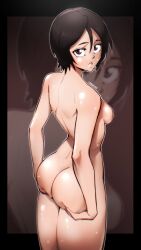 1girls ass ass_focus ass_grab background black_border bleach bleach:_the_thousand-year_blood_war border breasts brown_hair completely_nude eyebrows eyelashes eyes female female_only groping hair hands_on_butt highres human human_only kuchiki_rukia looking_at_viewer looking_back muart242 nakadashi naked nipples nude oil open_eyes parted_lips shiny_skin short_hair side_view sideboob simple_background small_breasts solo solo_focus standing teeth thighs violet_eyes zoom_layer