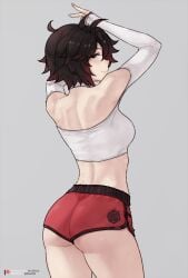 ass black_hair bluefield breasts female from_behind gluteal_fold gradient_hair grey_eyes gym_shorts highres looking_at_viewer looking_back medium_breasts midriff multicolored_hair red_hair red_shorts ruby_rose rwby short_hair short_shorts shorts simple_background solo sports_bra sportswear standing thighs two-tone_hair