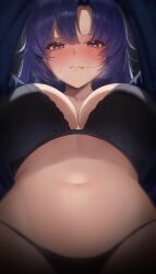 1girls absurd_res black_bra black_panties blue_archive blush bra cleavage eyebrows_visible_through_hair long_hair looking_at_viewer navel panties pov purple_eyes purple_hair ryu_o solo stomach string_panties sweat underwear yuuka_(blue_archive)