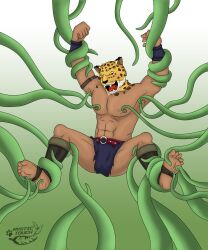 abs armpits barefoot blush blushing bracer bracers feet fist guin guin_saga hunk laugh leopard loincloth loincloth_only male_only nipples plant plant_tentacles simple_background soles spots spotted_body spotted_fur stirrup_footwear stirrup_legwear stirrups tentacle tickling tickling_armpits tickling_feet tickling_nipples yellow_fur