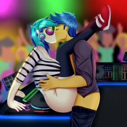 1boy 1girls ass audience being_watched big_breasts bottomless breasts closed_eyes clothed_sex concert equestria_girls exhibitionism female flash_sentry focus_bx friendship_is_magic glasses hasbro headphones hi_res highres kissing leg_warmers legs_over_head making_out male my_little_pony no_panties obscured_penetration open_shirt pants_down partially_clothed passionate public_sex purple-tinted_eyewear sex sideboob standing_sex straight vinyl_scratch_(eg) vinyl_scratch_(mlp)