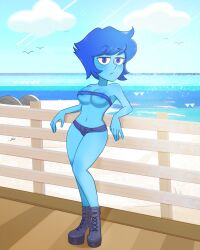 1girls alternate_breast_size areola_slip bandeau beach blue_eyes blue_hair blue_skin boots breasts cleavage covered_nipples day daytime eyebrow_raise female female_focus female_only fence full_body groin h_space half-dressed high_heel_boots lapis_lazuli_(steven_universe) leaning_back leaning_on_elbow legs looking_at_viewer medium_breasts micro_shorts midriff navel ocean sea short_shorts shorts skimpy skimpy_clothes sky solo solo_female solo_focus standing steven_universe stomach sunlight thighs underboob