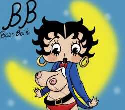 belt betty_boop betty_boop_(character) black_hair black_lipstick bostboik breasts curly_hair eyelashes female hoop_earrings large_breasts red_panties short_hair solo suit swinging_breasts