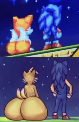 2_tails 2boys artist_request ass ass_comparison back_view big_ass big_butt blue_fur fox funny hedgehog huge_ass humor looking_up male_ass male_only massive_ass massive_butt multi_tail night no_text_version only_male parody red_shoes sega sonic_(series) sonic_mania sonic_team sonic_the_hedgehog sonic_the_hedgehog_(series) standing stars tails textless yellow_fur