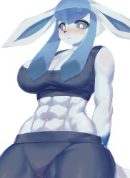 big_breasts blush breasts eeveelution female glaceon miyanokoko muscular_female pokemon pokemon_(species)