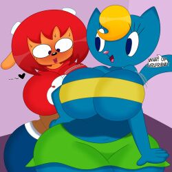 2girls 3barts anthro big_breasts blush cleavage dialogue green_skirt katy_kat lammy_lamb parappa_the_rapper sweat sweating text text_bubble thick_thighs um_jammer_lammy wide_hips yellow_bra