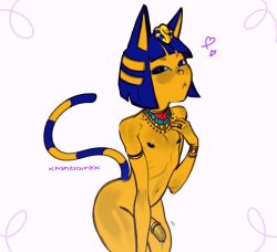 1boy 2022 :< animal_crossing ankha anthro blue_hair felid feline felis femboy flaccid fur furry furry_only heart male male_only nintendo nipples nude penis solo tagme tail xmanticorax yellow_skin