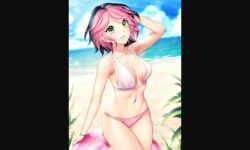 1girls armpits bare_arms bare_legs bare_shoulders beach bikini black_hair blue_sky blurry blurry_background bracelet breasts cleavage cloud cloudy_sky collarbone gigamessy green_eyes jewelry looking_up medium_breasts multicolored_hair open_mouth osu! outdoors pink_hair pippi_(osu!) short_hair sideboob sky smile solo swimsuit swimwear water white_bikini