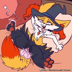 anthro bed bodily_fluids braixen clothing cum cum_in_pussy cum_inside dildo dipstick_tail drooling female fuf furniture furry generation_6_pokemon genital_fluids genitals hat headgear headwear hi_res impregnation magic_dildo markings nintendo ovum pawpads pillow pokémon_(species) pokemon pokemon_(species) pussy pussy_juice red_pawpads saliva sex_toy sperm_cell spread_legs spreading tail_markings tongue tongue_out video_games witch_hat