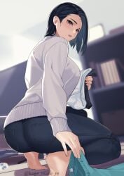 1girls ass barefoot black_hair breasts brown_eyes denim female from_below grey_sweater highres holding_clothes indoors jeans kagematsuri large_breasts looking_at_viewer mole_under_mouth original original_character pants revision short_sleeves solo squatting sweater