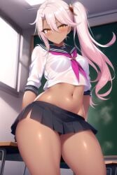 1girls ai_generated ass blonde_hair breasts brown_skin chloe_von_einzbern classroom dark-skinned_female dark_skin fate/grand_order fate/kaleid_liner_prisma_illya fate_(series) female hips indoors long_hair nai_diffusion naughty_face orange_eyes petite petite_body pink_hair school_uniform schoolgirl slim_waist small_breasts smile stable_diffusion suggestive_look thick_thighs thighs thunder_thighs two_tone_hair wide_hips