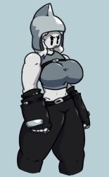 belt big_breasts camex_ gloves grey_clothing grey_hat huge_breasts roblox roblox_avatar robloxian simple_background simple_shading thighs white_hair white_skin