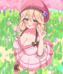 1girls alternate_costume asage_(asgsn) blush braid breasts brown_eyes cleavage faye_(fire_emblem) faye_(valentine)_(fire_emblem) female female_only fire_emblem fire_emblem_echoes:_shadows_of_valentia fire_emblem_heroes forest grass hair_between_eyes hat large_breasts looking_at_viewer medium_hair nintendo official_alternate_costume open_mouth outdoors smile solo twin_braids