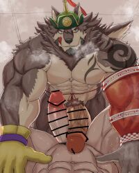 abs anthro balls bottom_pov canid canine canis duo erection first_person_view fur genitals grey_body grey_fur hi_res imminent_sex lifewonders male male/male mammal miazuma_shouki muscular muscular_anthro muscular_male pecs penis temujin tokyo_afterschool_summoners video_games wolf