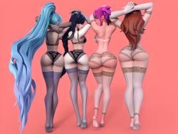 3d 4girls ahri ass ass_focus barefoot big_ass big_butt black_hair black_panties blue_hair bra breasts feet fox_ears gloves huge_ass league_of_legends legwear lingerie long_hair luxanna_crownguard miss_fortune pale_skin panties pink_hair red_hair red_skin seraphine_(league_of_legends) short_hair soles star_guardian_lux star_guardian_series stockings thick_ass thick_thighs thin_waist white_panties