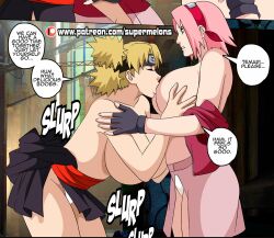 2girls alternate_breast_size bent_over big_breasts blonde_hair breast_grab breast_sucking breastfeeding breasts breasts_bigger_than_head breasts_out clothed_sex comic comic_page dialogue english_text female female/female female_only fingerless_gloves gloves huge_breasts kimono kimono_down kunoichi lesbian multiple_girls naruto naruto_(series) naruto_shippuden ninja no_bra open_clothes open_shirt oral pink_hair sakura_haruno sample shirt_down sideboob skirt speech_bubble standing standing_sex story sucking sucking_nipples suckling super_melons temari text topless underwear voluptuous yuri