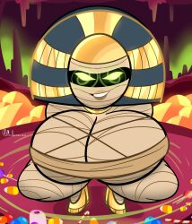 big_breasts breast_focus clothed clothing crouch crouching dreamworks female_mummy gold_(metal) green_eyes hotel_transylvania hypnotic_eyes hypnotizing_viewer looking_at_viewer mr_valentine00 mummy thick_legs thick_thighs