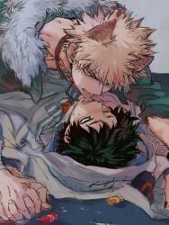 2boys collar french_kiss ghost_costume halloween interlocked_fingers izuku_midoriya katsuki_bakugou kissing male male/male male_only my_hero_academia pinned pinned_down spiky_hair tongue tongue_kiss tongue_on_tongue tongue_out tongues_touching wolf_boy wolf_ears